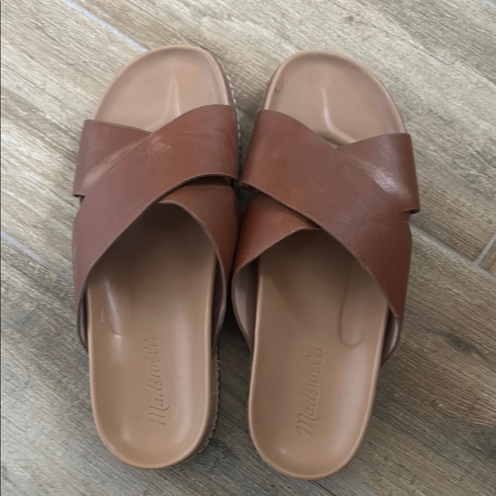 Madewell Brown Leather Clogs with X-Strap Design
